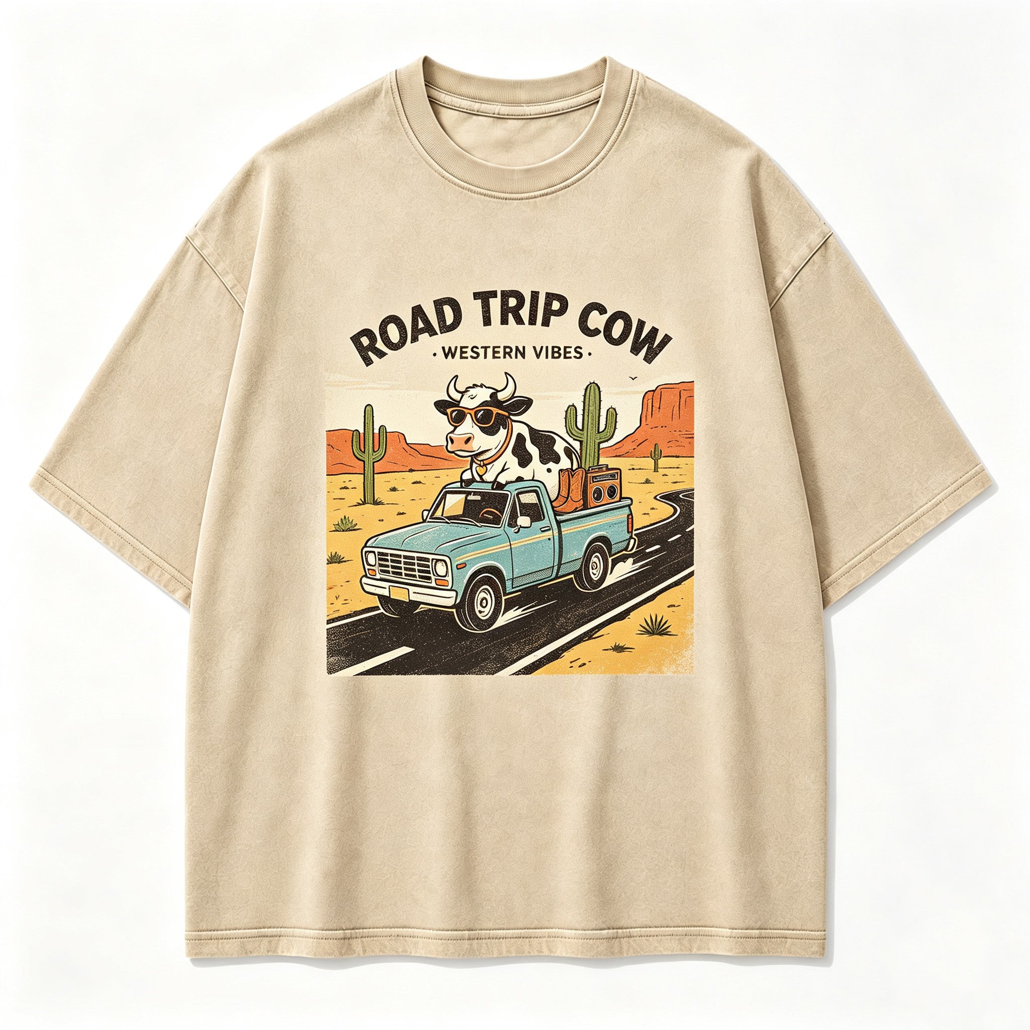 Vintage Road Trip Cow Highway Wanderer Retro Circular Graphic Artwork