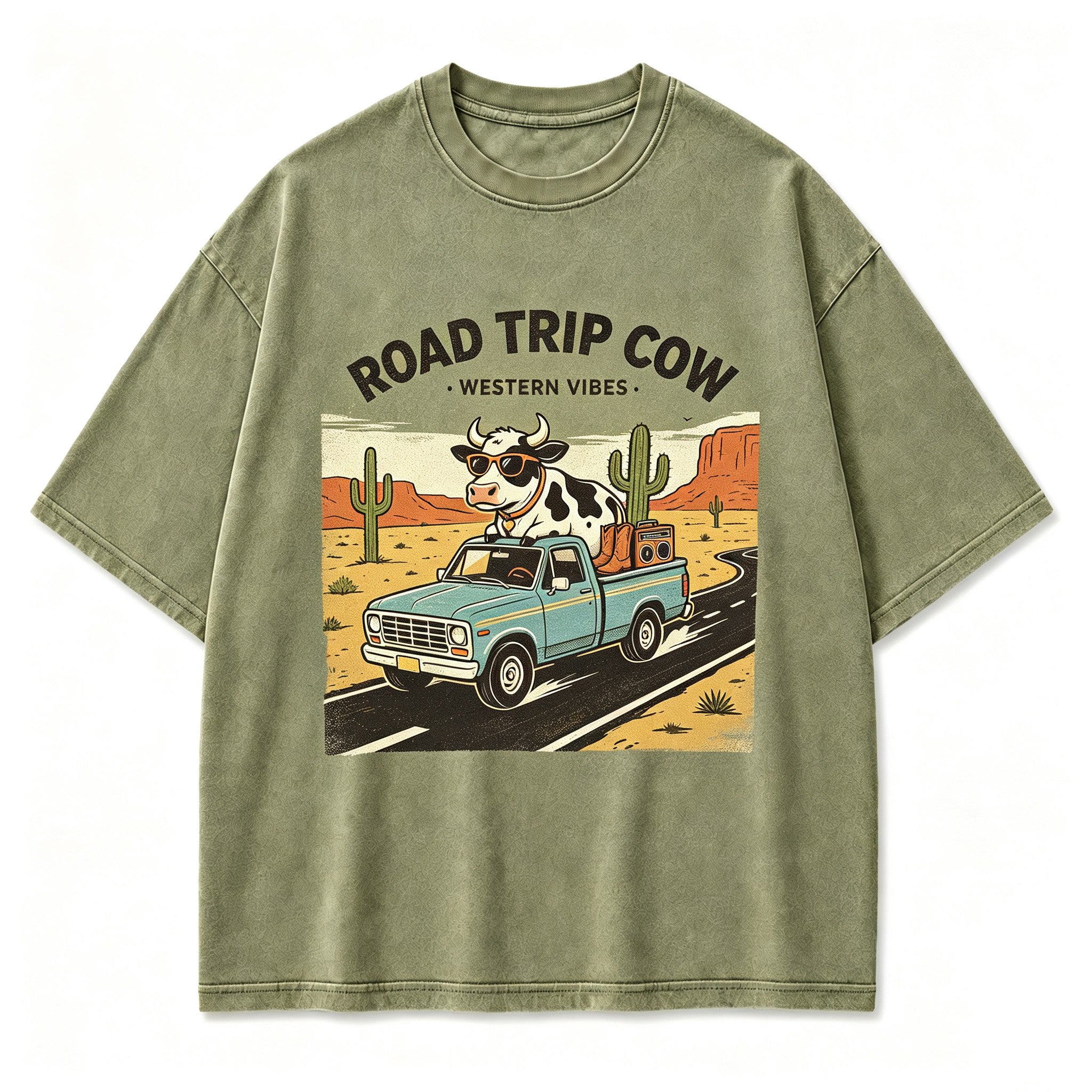 Vintage Road Trip Cow Highway Wanderer Retro Circular Graphic Artwork