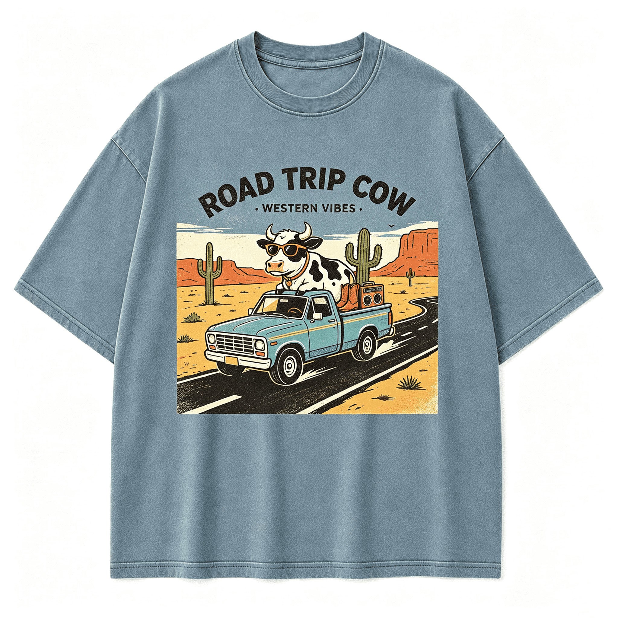 Vintage Road Trip Cow Highway Wanderer Retro Circular Graphic Artwork
