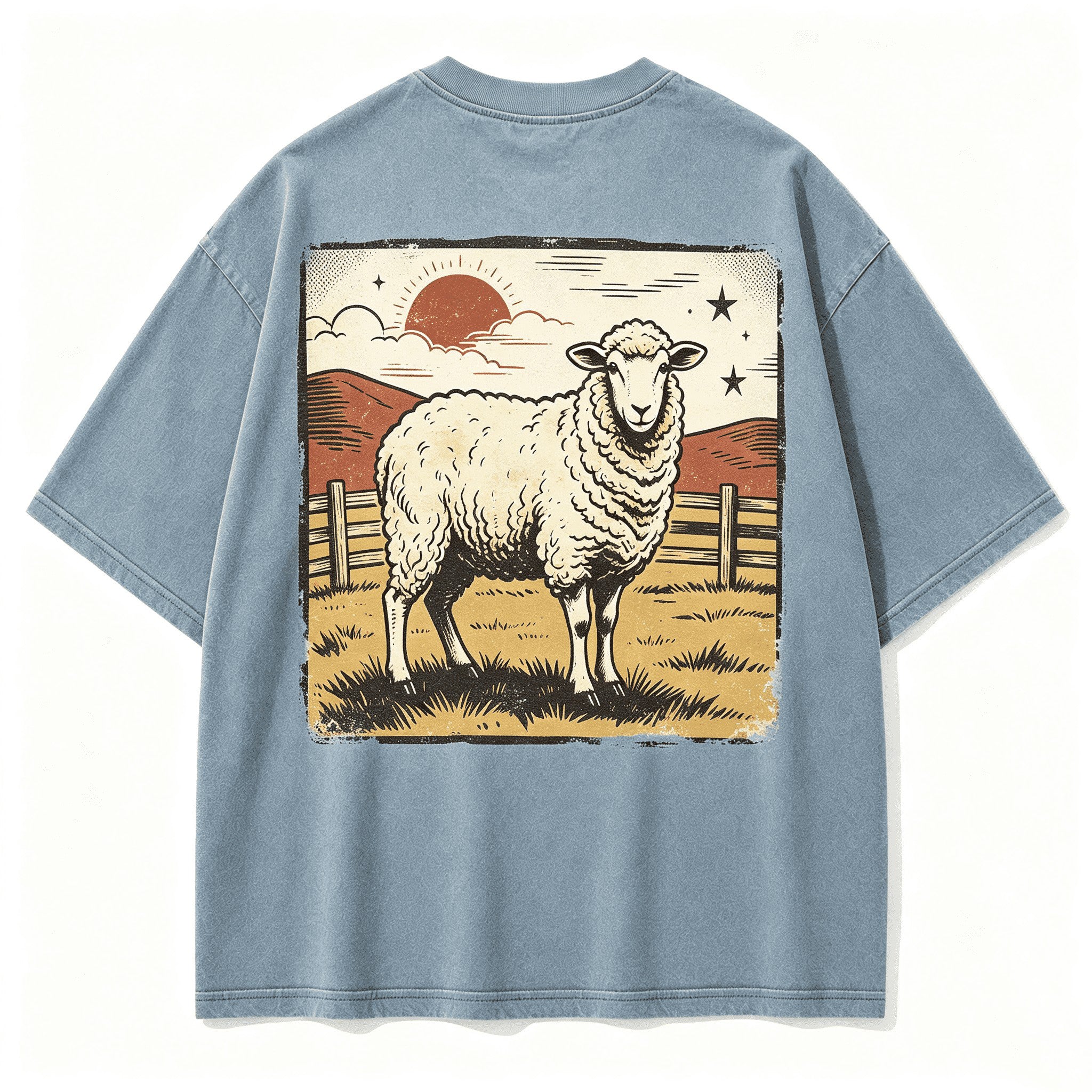 Vintage Prairie Solitary Sheep Wild Grassland Retro Circular Graphic Artwork (Print On Back）