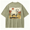 Vintage Prairie Solitary Sheep Wild Grassland Retro Circular Graphic Artwork (Print On Back）