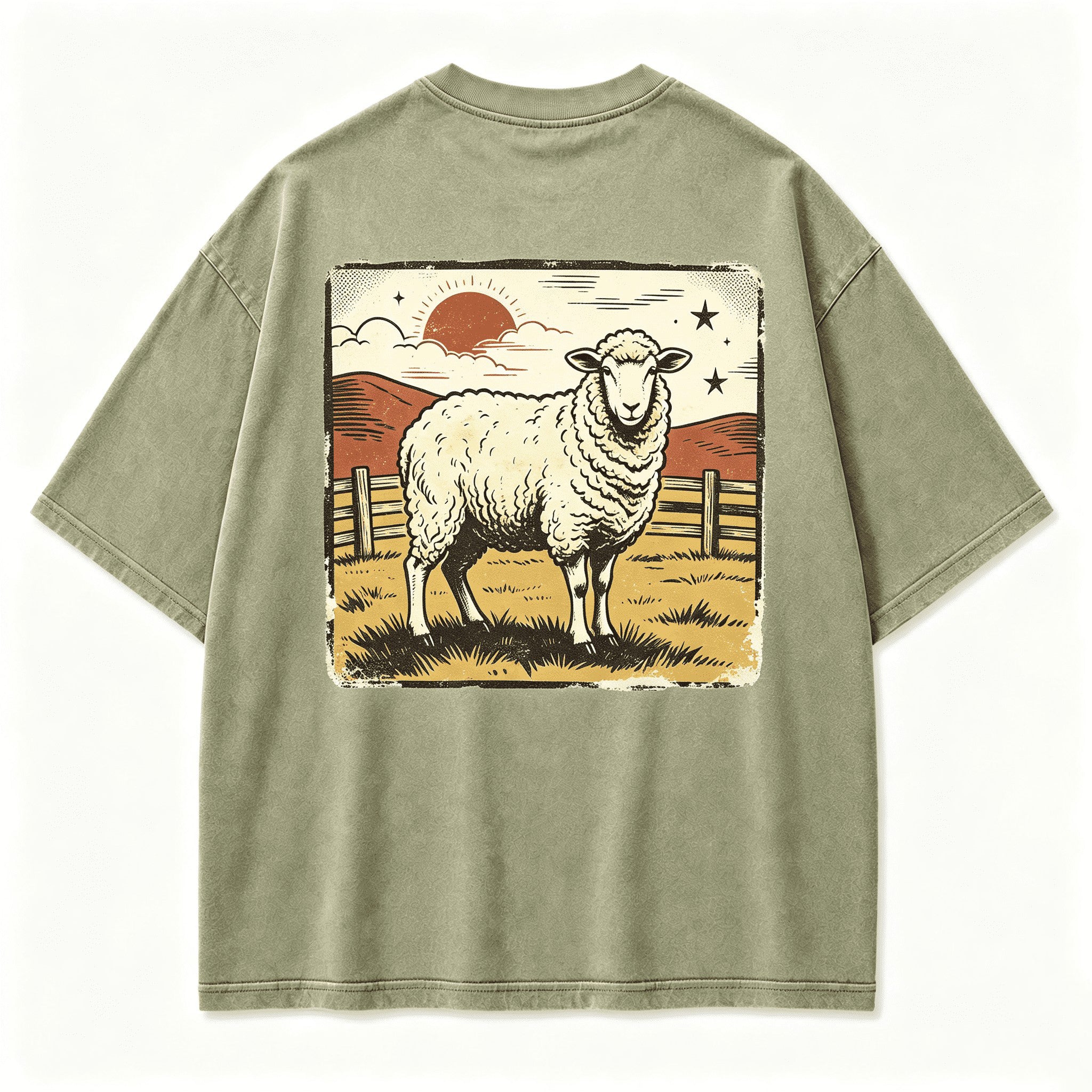 Vintage Prairie Solitary Sheep Wild Grassland Retro Circular Graphic Artwork (Print On Back）
