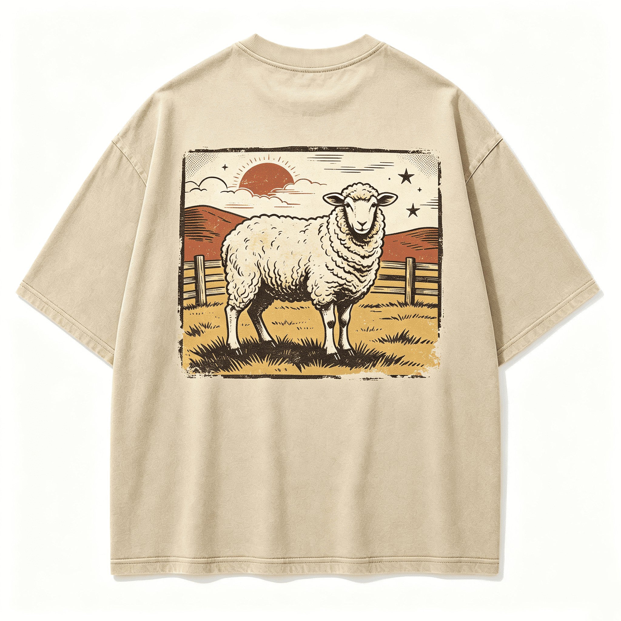 Vintage Prairie Solitary Sheep Wild Grassland Retro Circular Graphic Artwork (Print On Back）