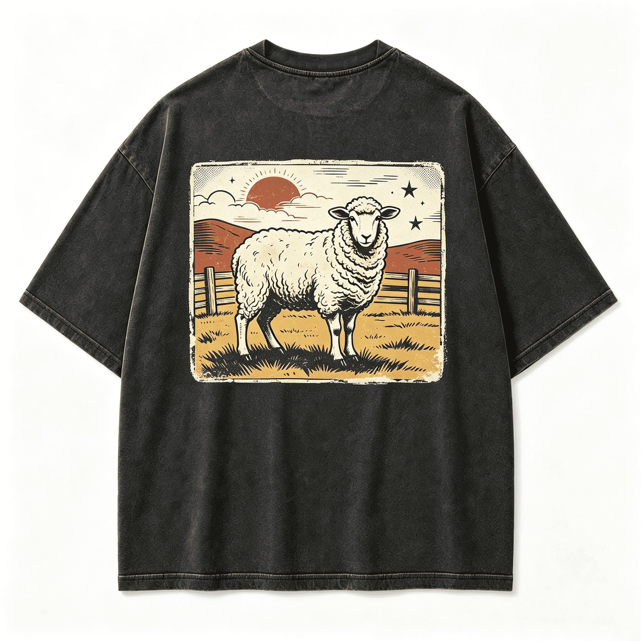 Vintage Prairie Solitary Sheep Wild Grassland Retro Circular Graphic Artwork (Print On Back）