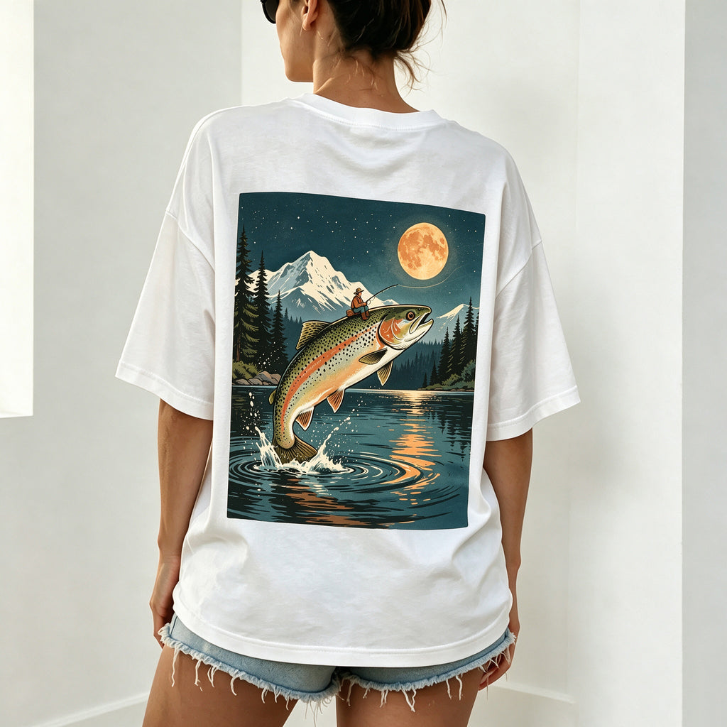 Night Mountain Full Moon Trout Fisherman Vintage Fishing Graphic T-Shirt