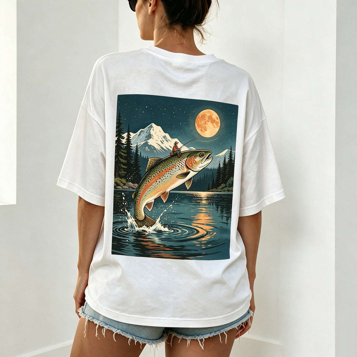 Night Mountain Full Moon Trout Fisherman Vintage Fishing Graphic T-Shirt