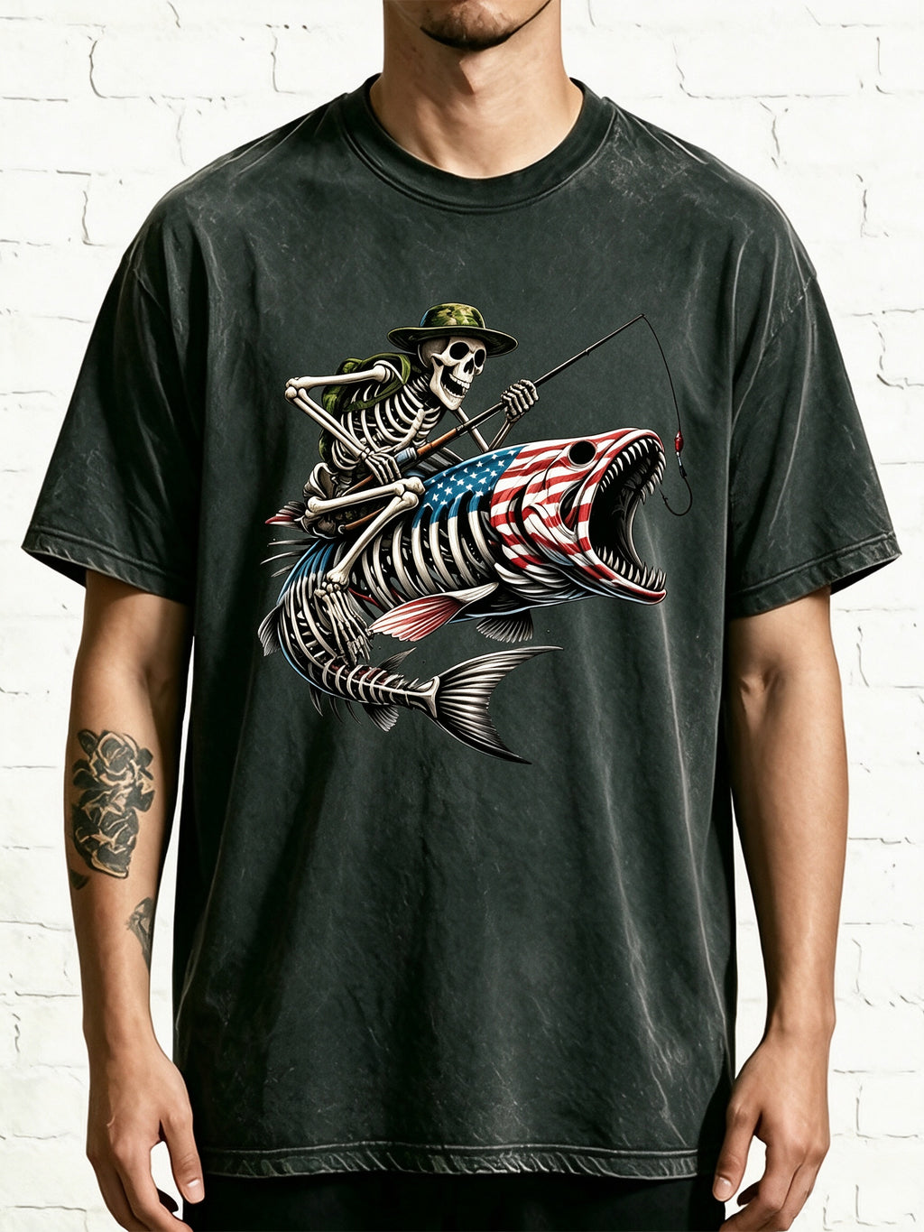 Patriotic Fishing Skeleton Rider On US Flag Bass Skull Fish Tee