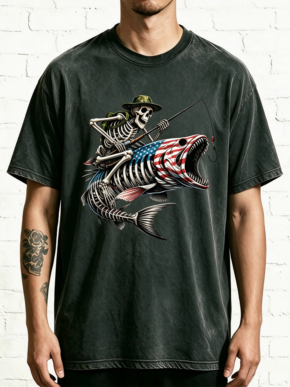 Patriotic Fishing Skeleton Rider On US Flag Bass Skull Fish Tee