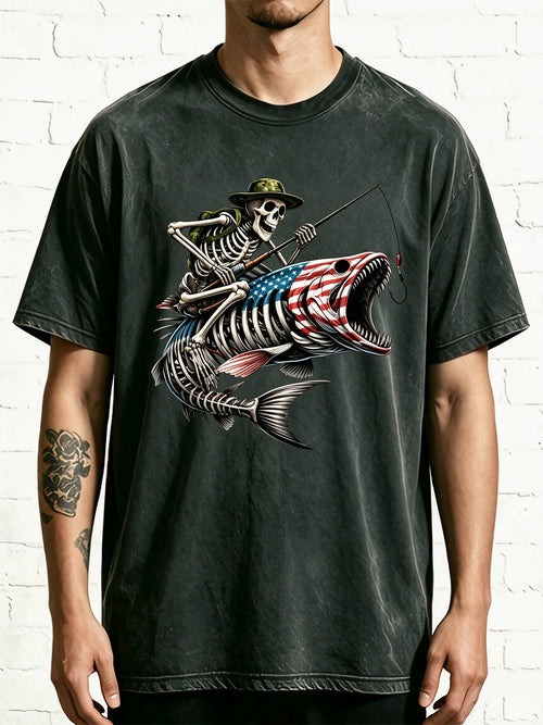 Patriotic Fishing Skeleton Rider On US Flag Bass Skull Fish Tee