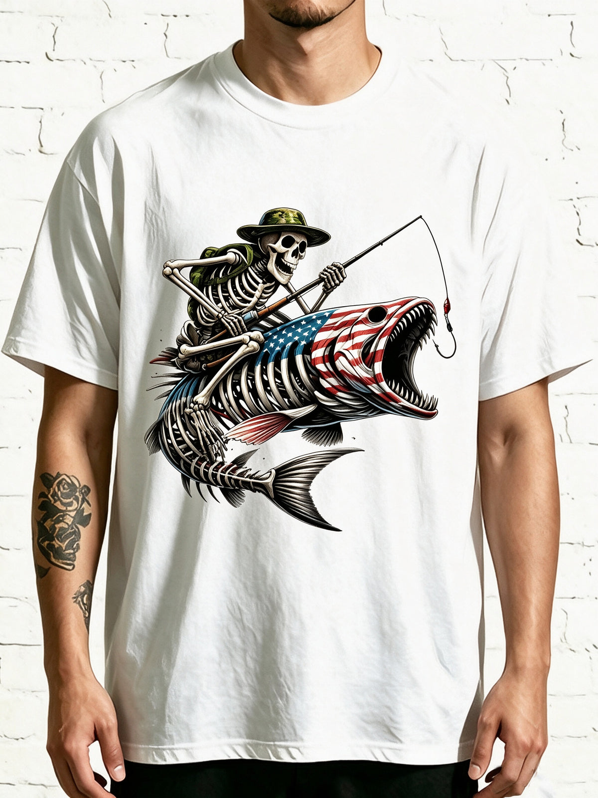 Patriotic Fishing Skeleton Rider On US Flag Bass Skull Fish Tee