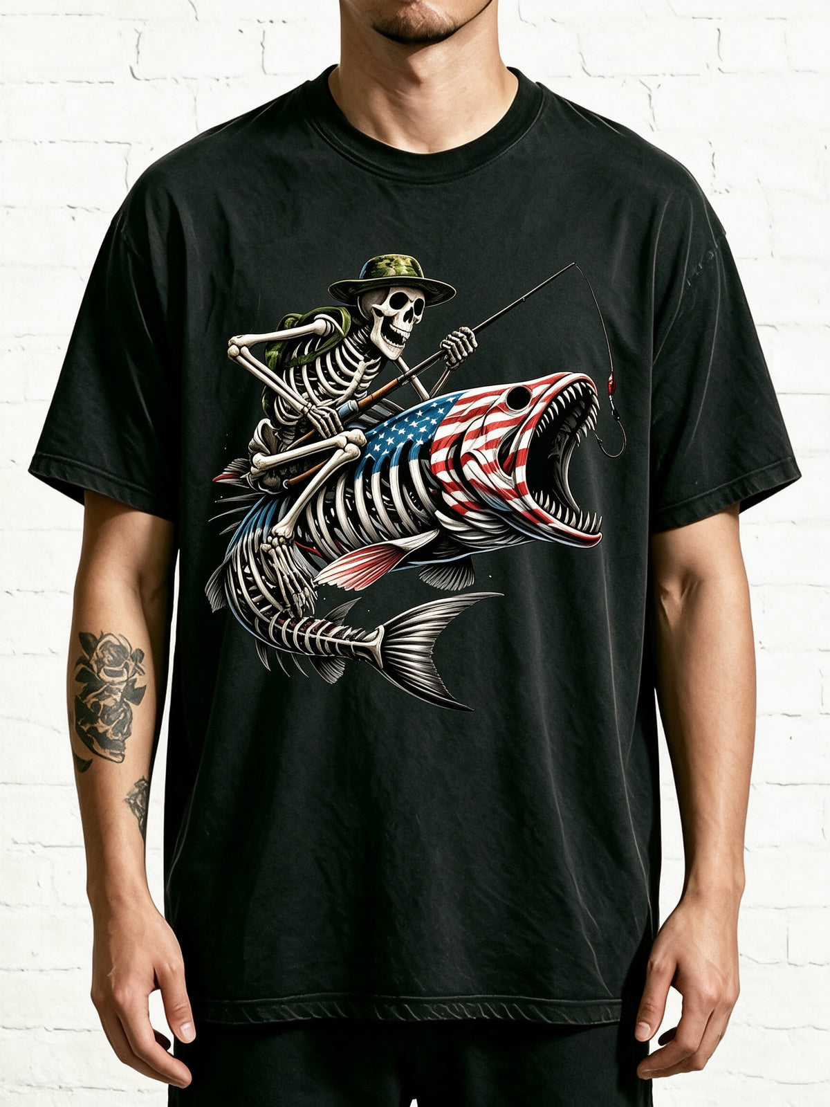 Patriotic Fishing Skeleton Rider On US Flag Bass Skull Fish Tee