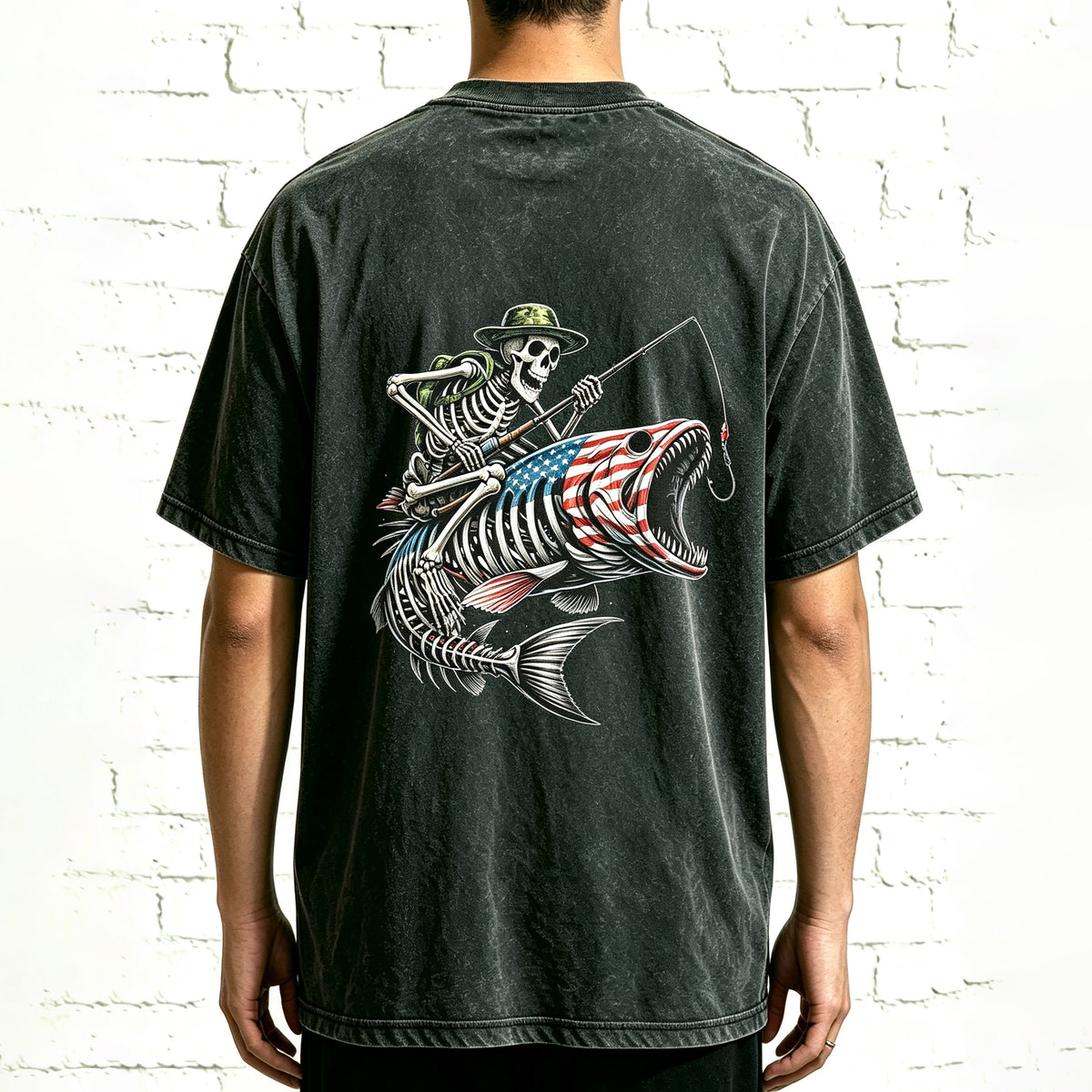 Patriotic Fishing Skeleton Rider On US Flag Bass Skull Fish Tee