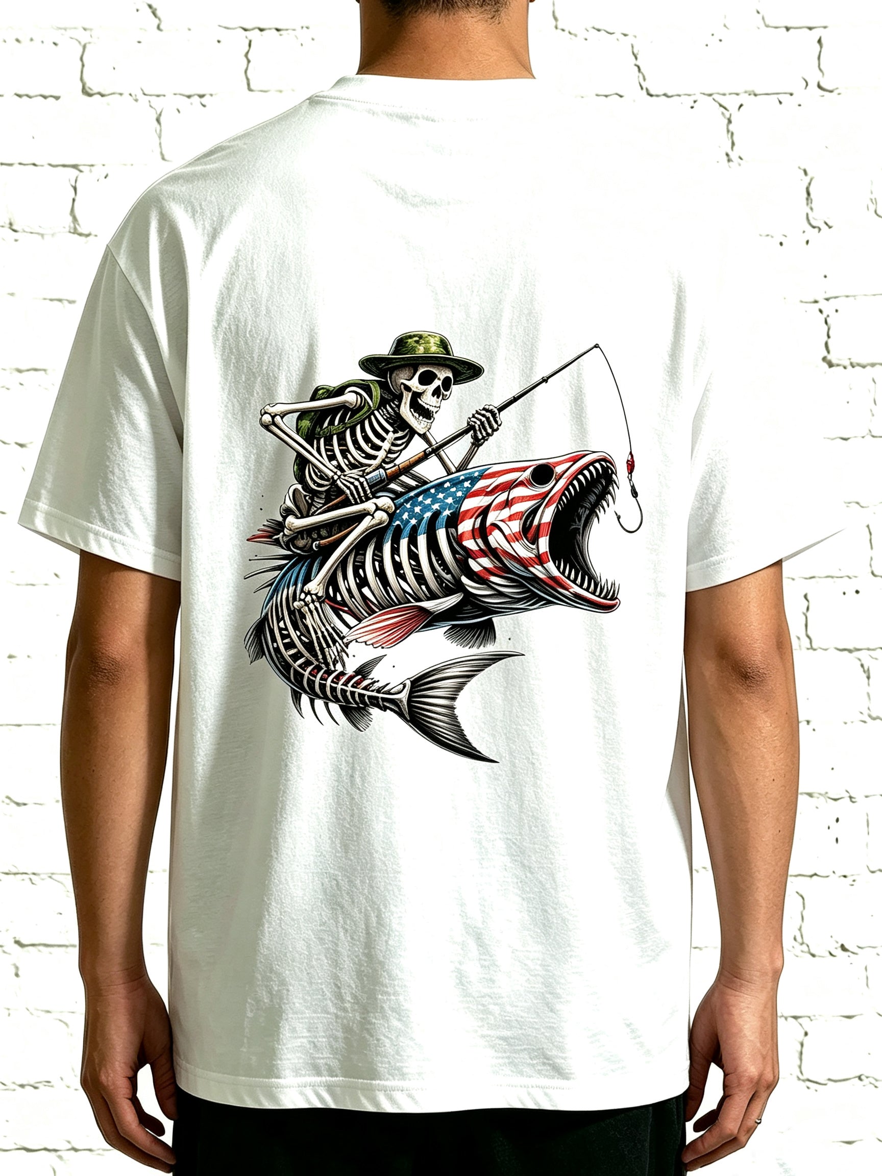 Patriotic Fishing Skeleton Rider On US Flag Bass Skull Fish Tee