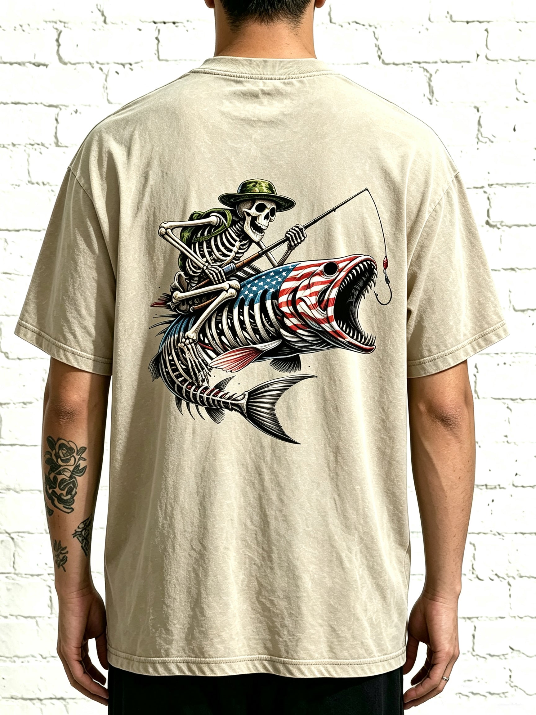 Patriotic Fishing Skeleton Rider On US Flag Bass Skull Fish Tee
