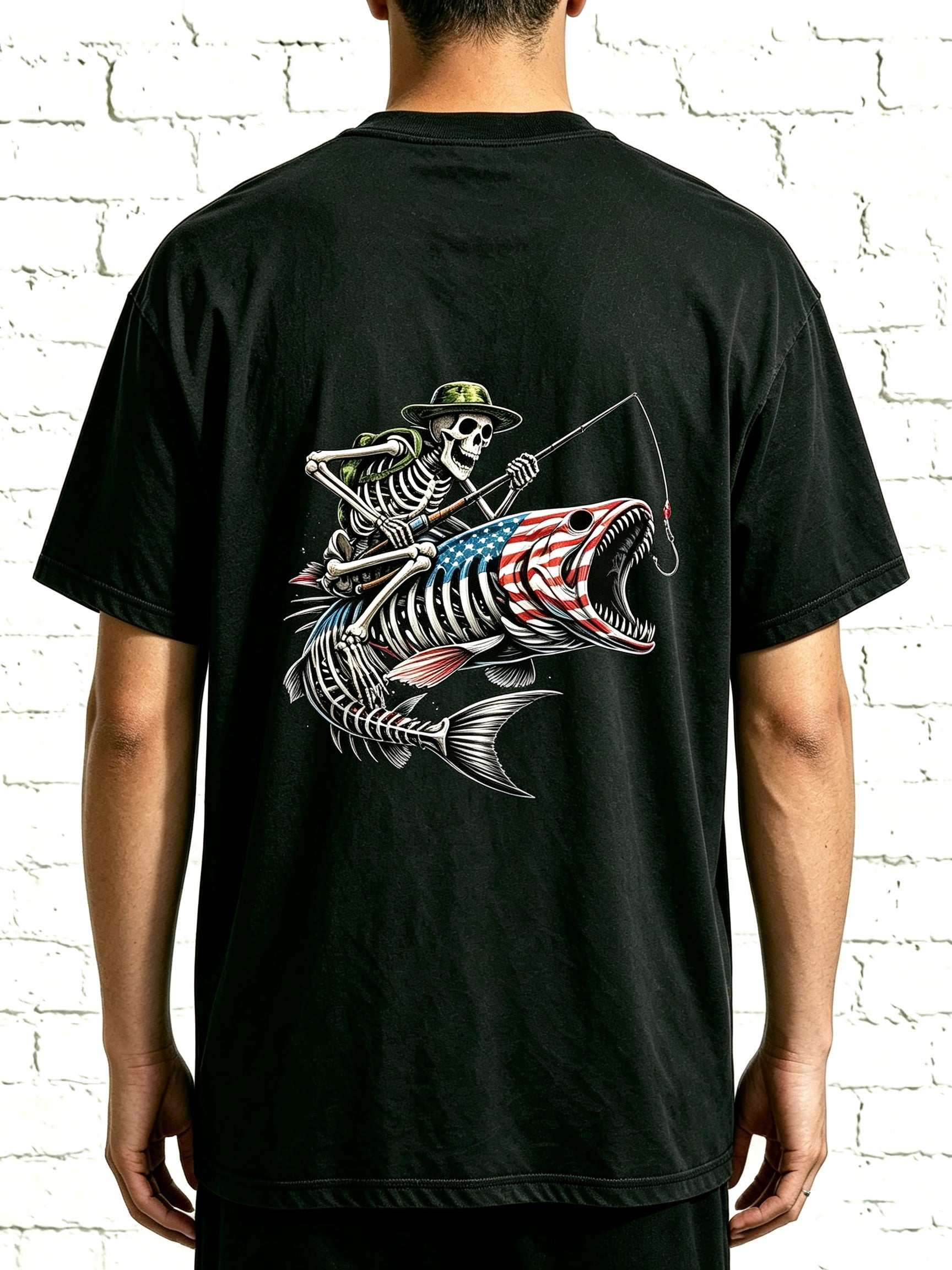 Patriotic Fishing Skeleton Rider On US Flag Bass Skull Fish Tee