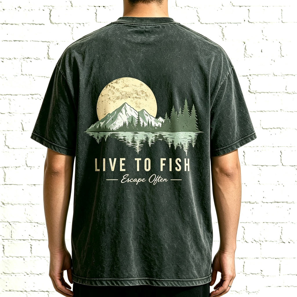 Live To Fish Escape Often Nature Mountain Sunset Fishing Graphic T-Shirt
