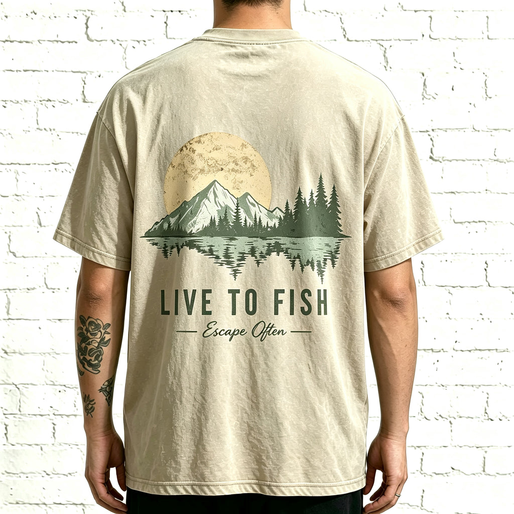 Live To Fish Escape Often Nature Mountain Sunset Fishing Graphic T-Shirt
