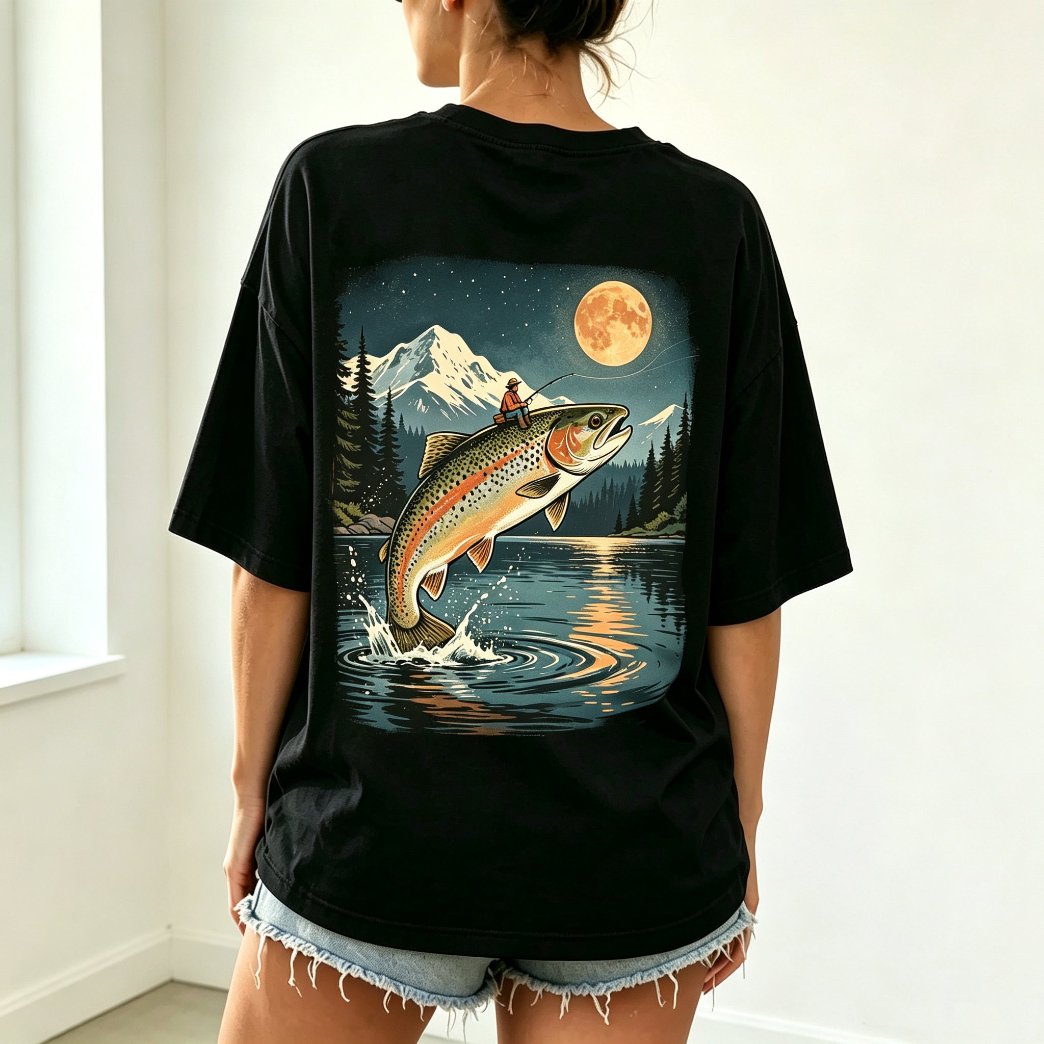 Night Mountain Full Moon Trout Fisherman Vintage Fishing Graphic T-Shirt