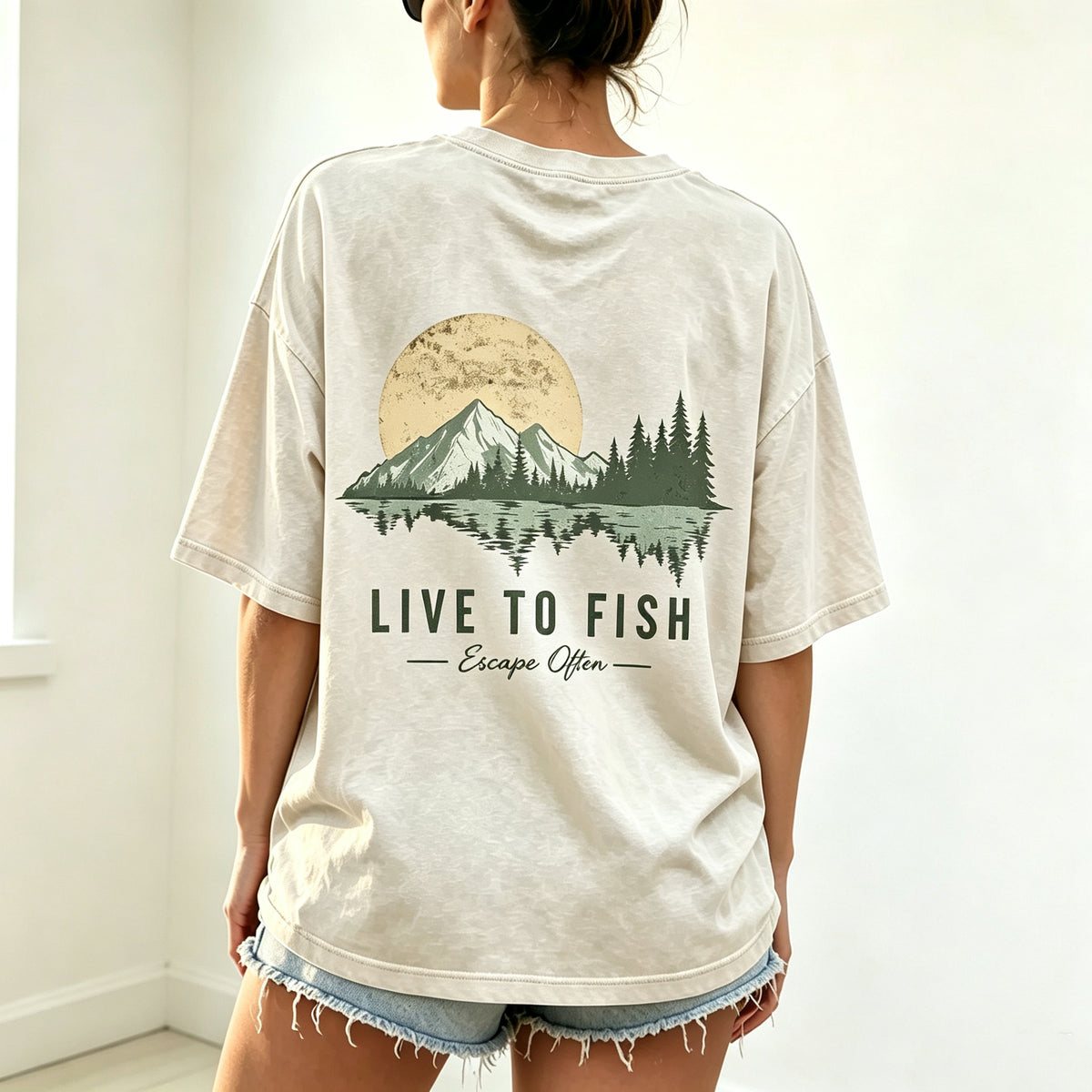 Live To Fish Escape Often Nature Mountain Sunset Fishing Graphic T-Shirt