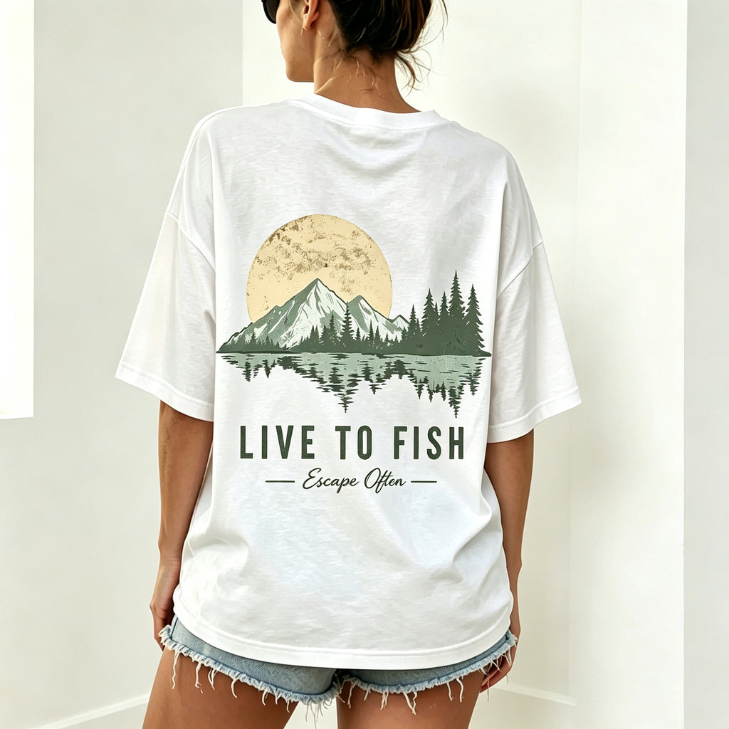 Live To Fish Escape Often Nature Mountain Sunset Fishing Graphic T-Shirt