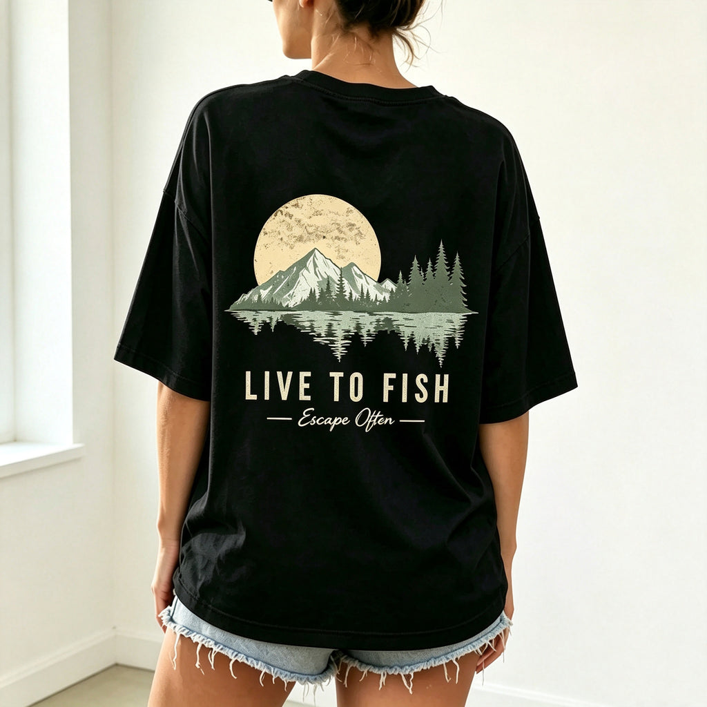 Live To Fish Escape Often Nature Mountain Sunset Fishing Graphic T-Shirt