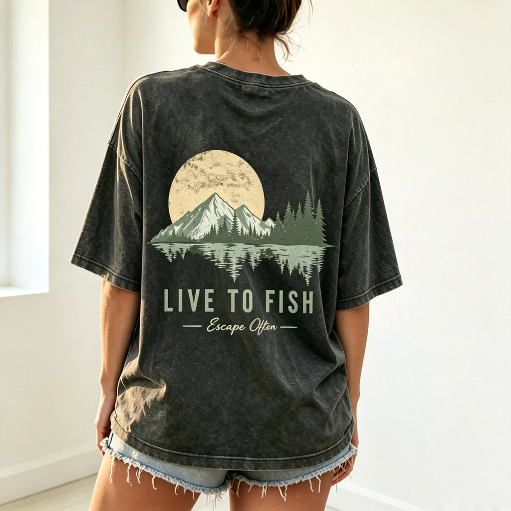 Live To Fish Escape Often Nature Mountain Sunset Fishing Graphic T-Shirt