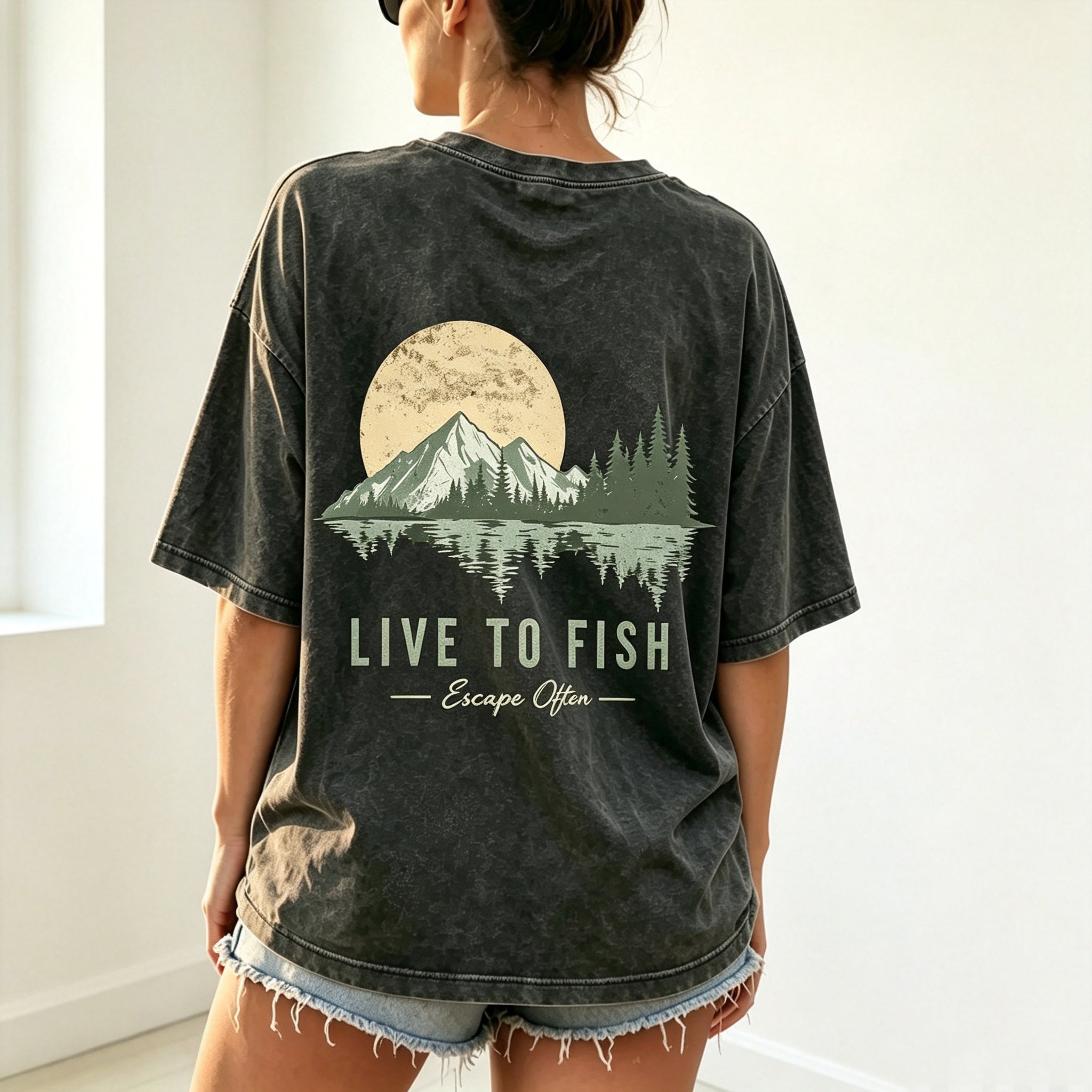 Live To Fish Escape Often Nature Mountain Sunset Fishing Graphic T-Shirt