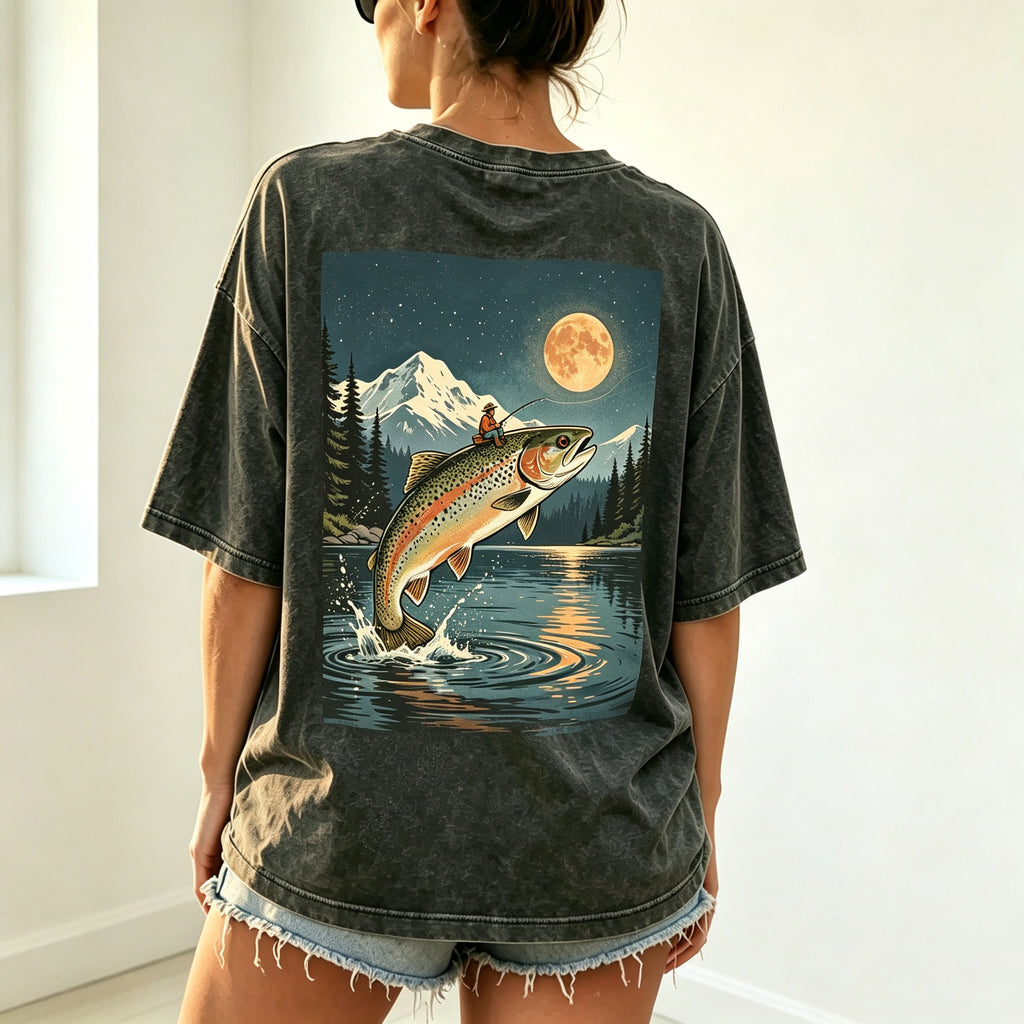 Night Mountain Full Moon Trout Fisherman Vintage Fishing Graphic T-Shirt