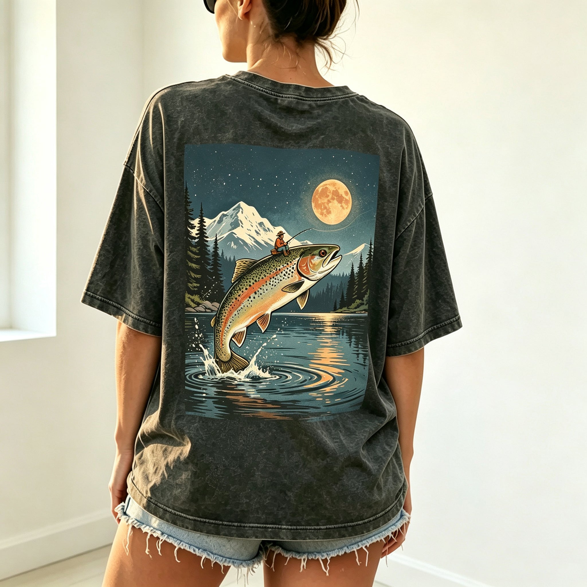 Night Mountain Full Moon Trout Fisherman Vintage Fishing Graphic T-Shirt