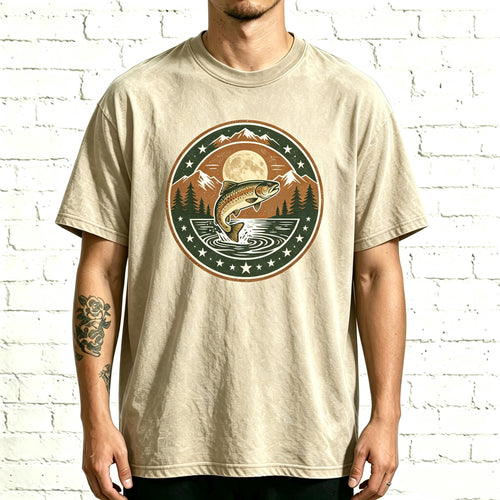 Retro Night Mountain Lake Trout Fishing Vintage Washed T Shirt