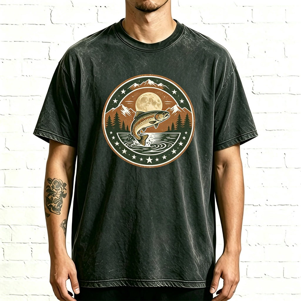 Retro Night Mountain Lake Trout Fishing Vintage Washed T Shirt