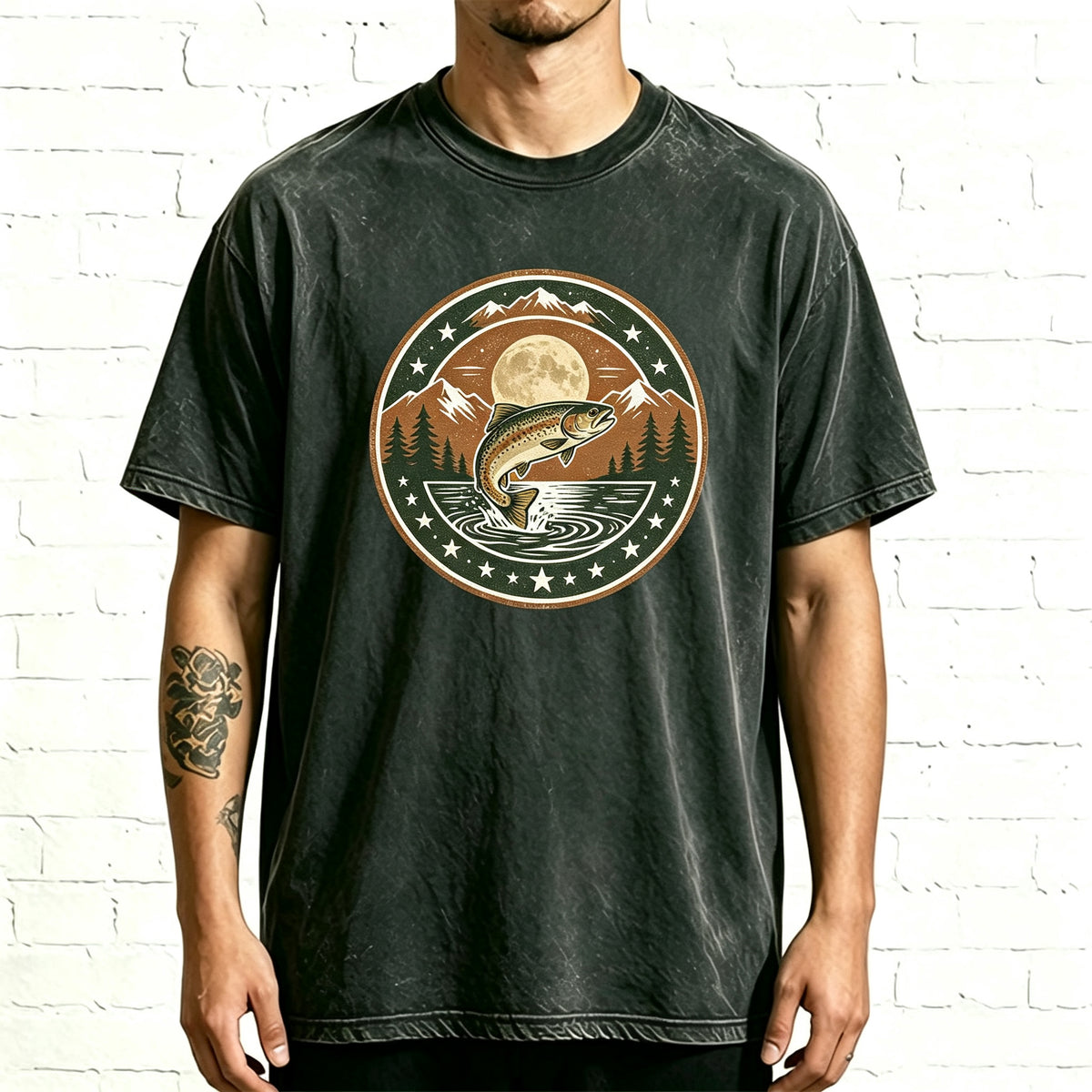 Retro Night Mountain Lake Trout Fishing Vintage Washed T Shirt