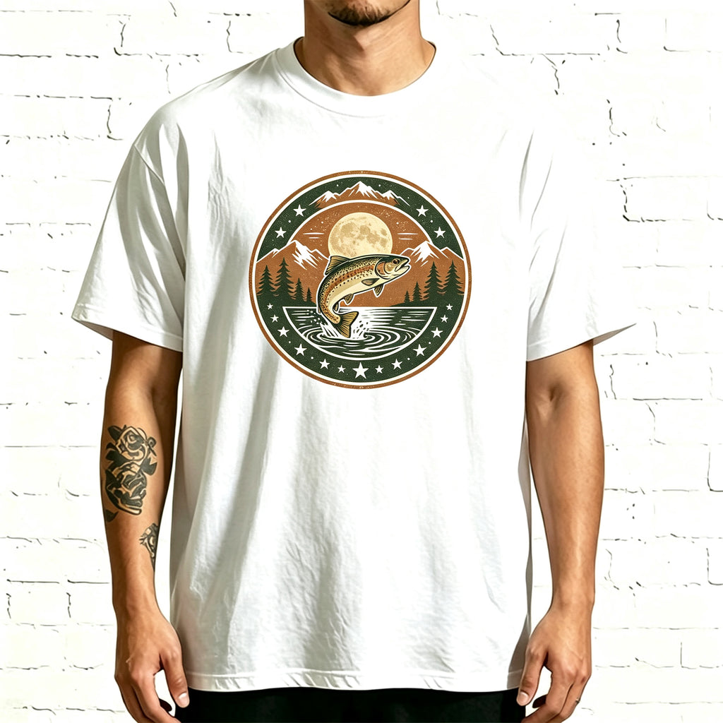 Retro Night Mountain Lake Trout Fishing Vintage Washed T Shirt