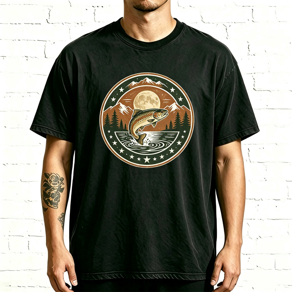 Retro Night Mountain Lake Trout Fishing Vintage Washed T Shirt