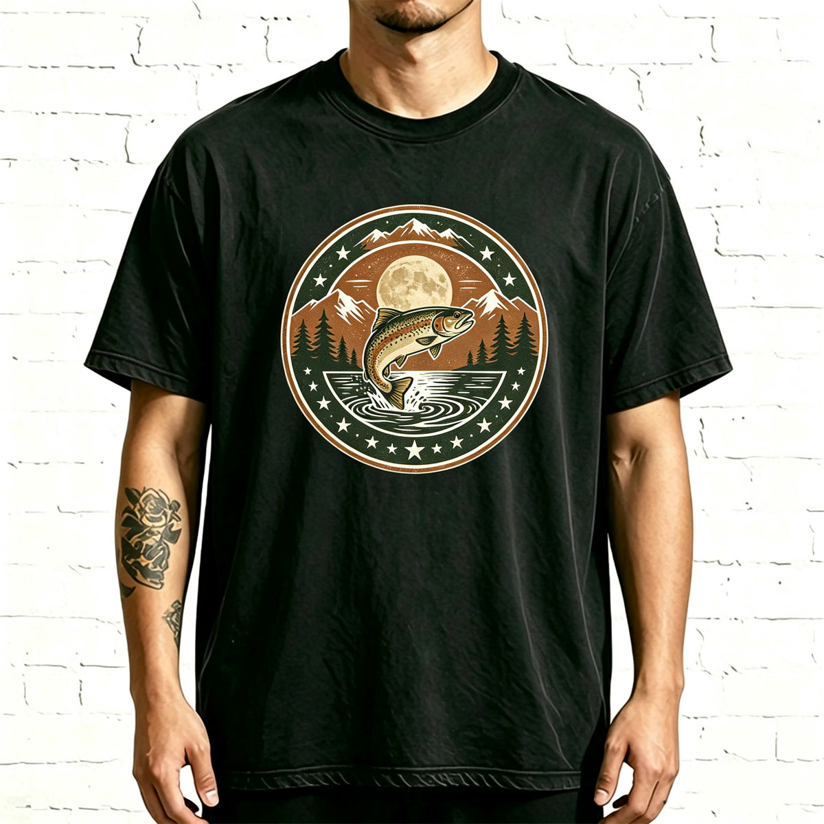 Retro Night Mountain Lake Trout Fishing Vintage Washed T Shirt