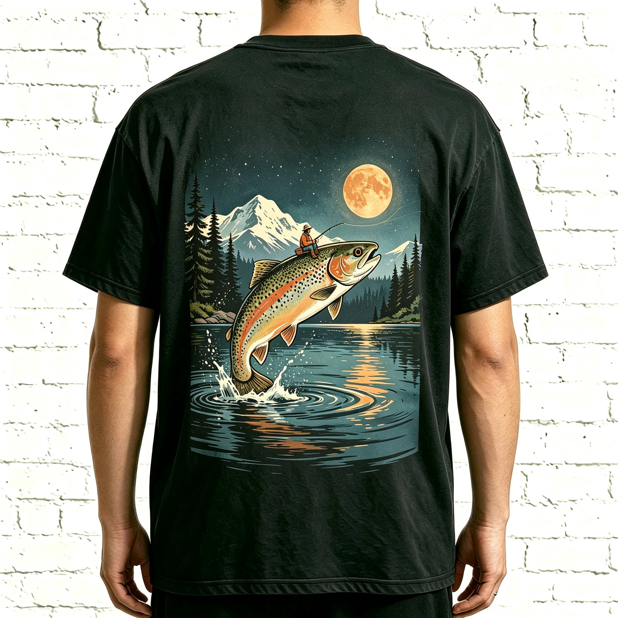 Night Mountain Full Moon Trout Fisherman Vintage Fishing Graphic T-Shirt