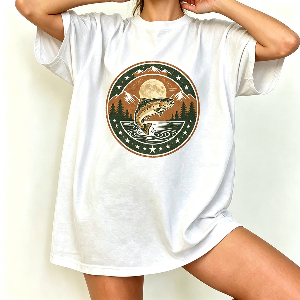 Retro Night Mountain Lake Trout Fishing Vintage Washed T Shirt