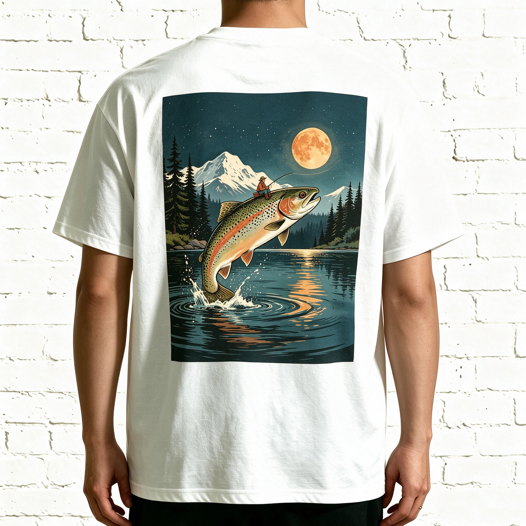 Night Mountain Full Moon Trout Fisherman Vintage Fishing Graphic T-Shirt