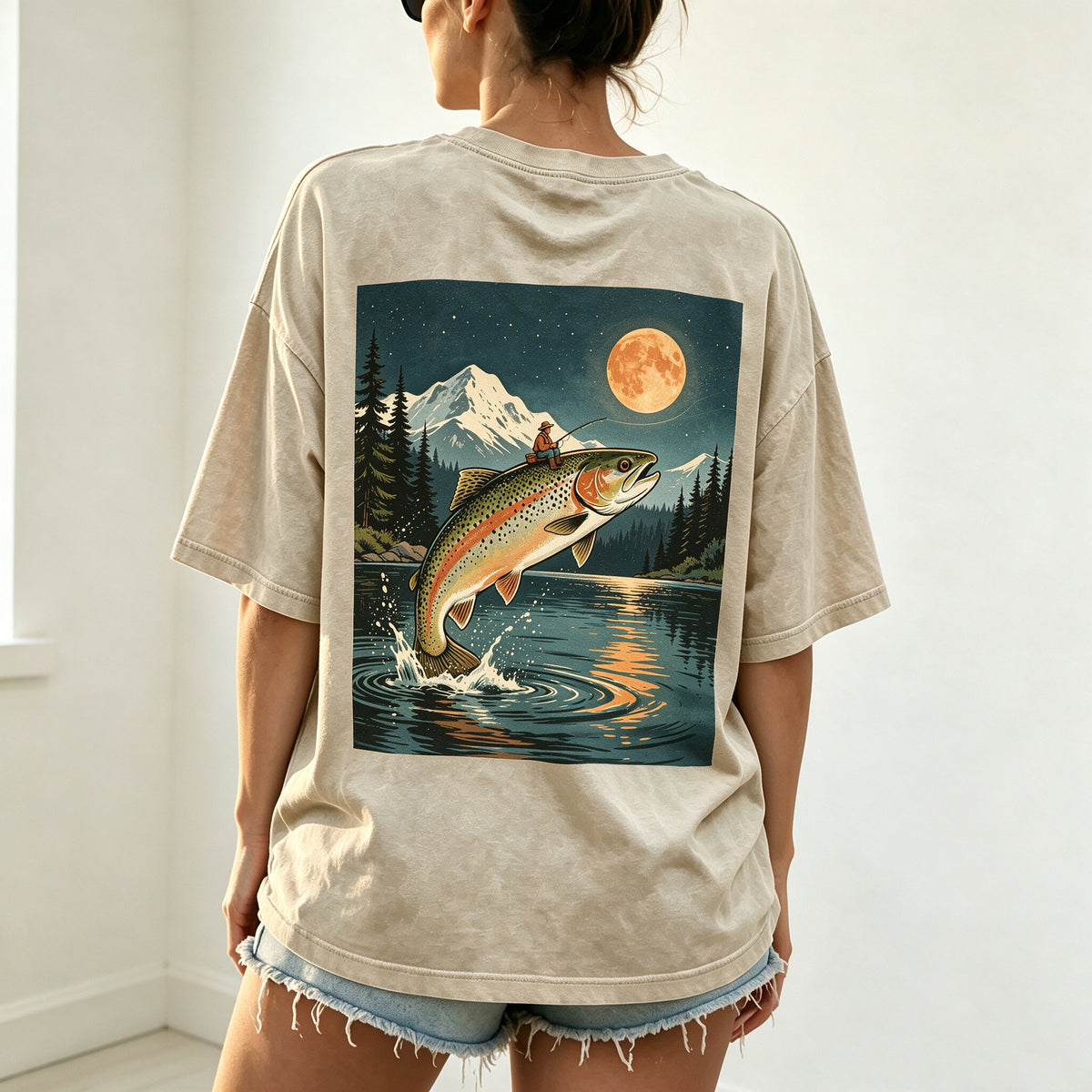 Night Mountain Full Moon Trout Fisherman Vintage Fishing Graphic T-Shirt