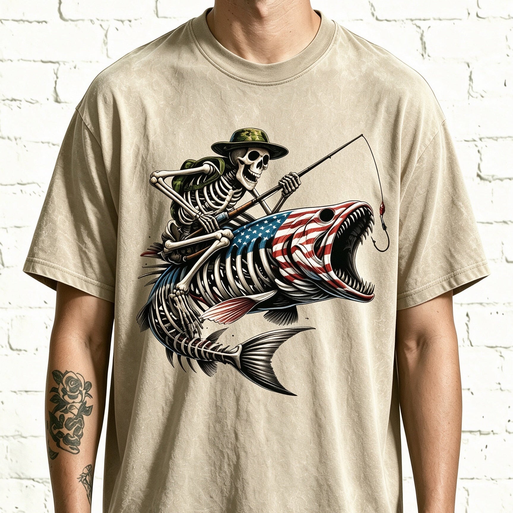 Patriotic Fishing Skeleton Rider On US Flag Bass Skull Fish Tee