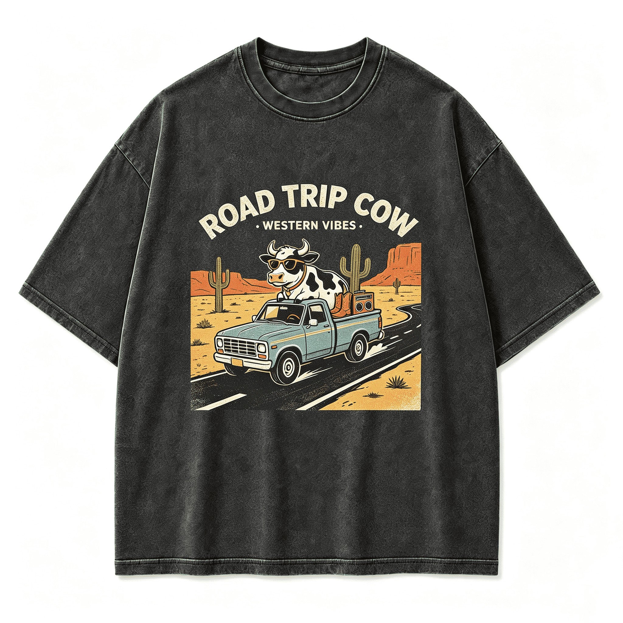 Vintage Road Trip Cow Highway Wanderer Retro Circular Graphic Artwork